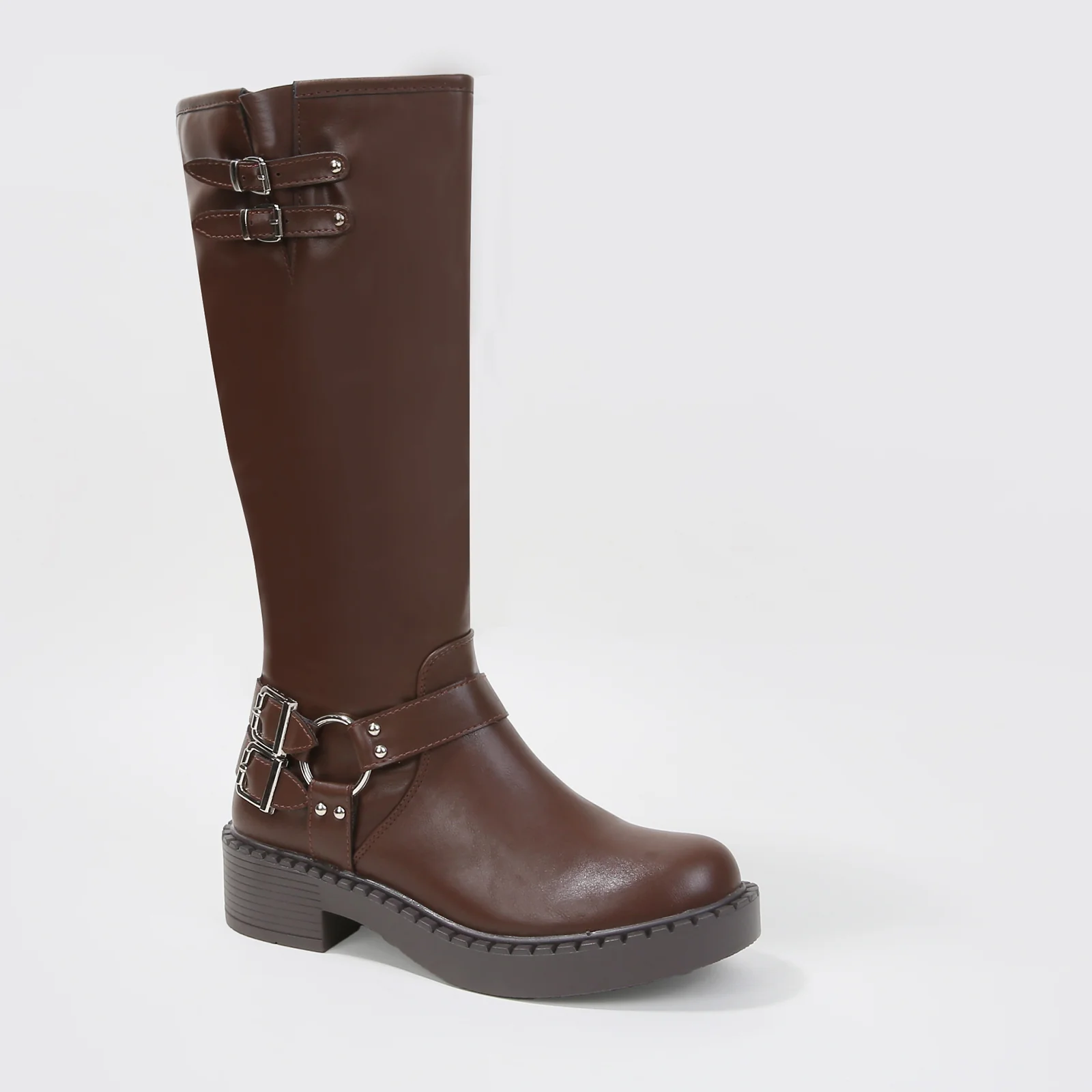 Arya Buckled Faux Leather Knee High Biker Boots - Image 13