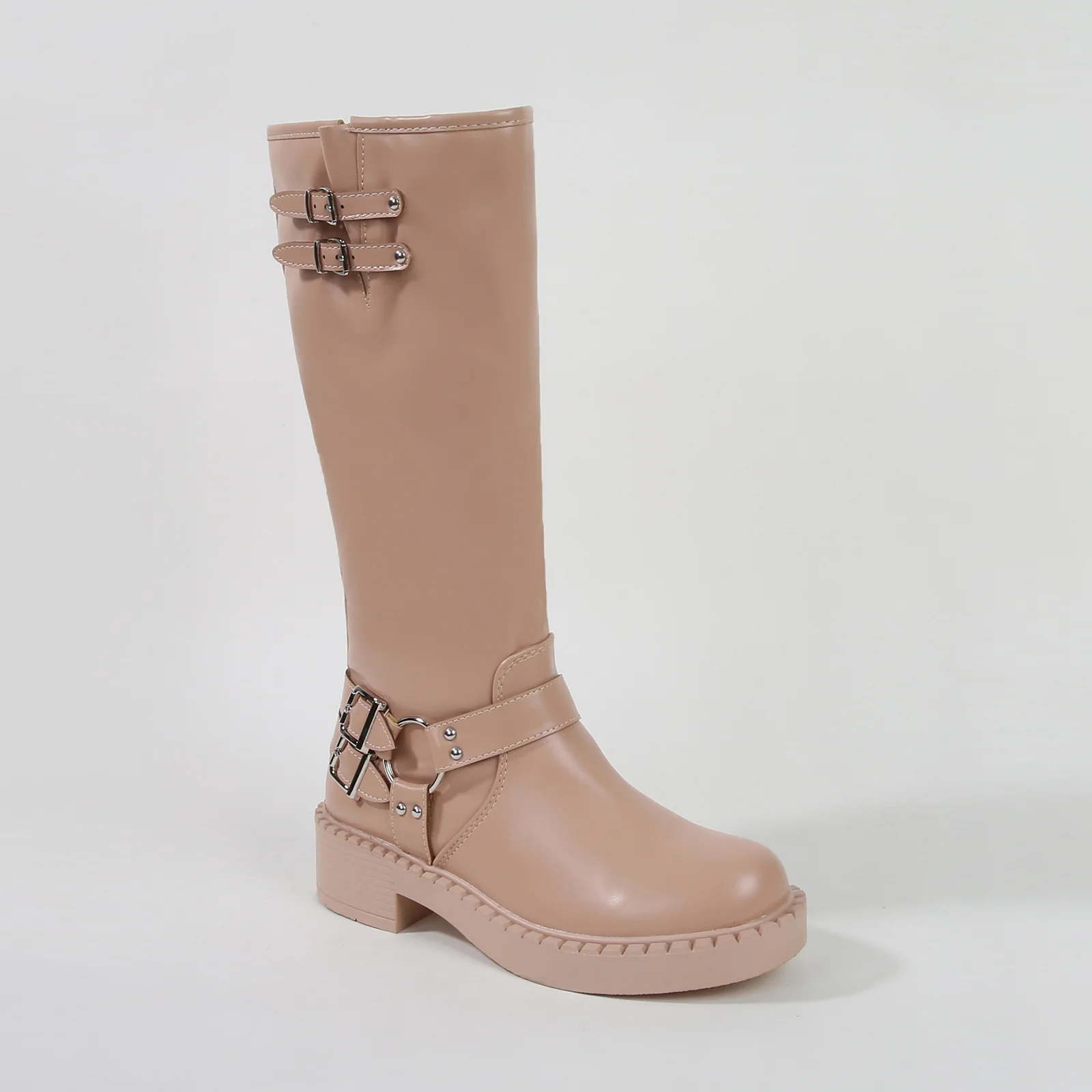 Arya Buckled Faux Leather Knee High Biker Boots - Image 9